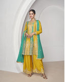 Yellow silk Embroidered and Sequined palazzo suit with dupatta - women's fashion mart