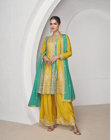 Yellow silk Embroidered and Sequined palazzo suit with dupatta - women's fashion mart
