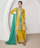 Yellow silk Embroidered and Sequined palazzo suit with dupatta - women's fashion mart