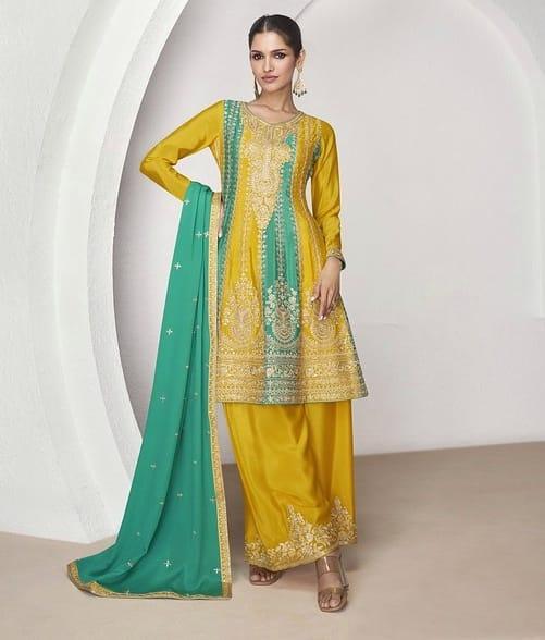 Yellow silk Embroidered and Sequined palazzo suit with dupatta - women's fashion mart