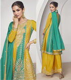 Yellow silk Embroidered and Sequined palazzo suit with dupatta - women's fashion mart
