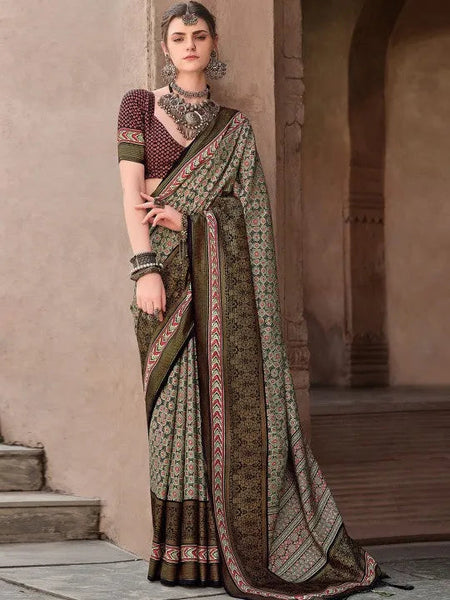Elegant Otter Brown Ajrakh Printed Sigma Silk Traditional Saree - women's fashion mart