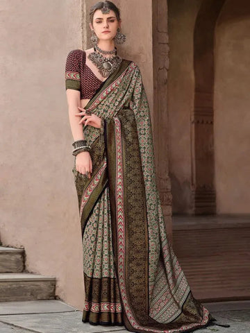 Elegant Otter Brown Ajrakh Printed Sigma Silk Traditional Saree - women's fashion mart