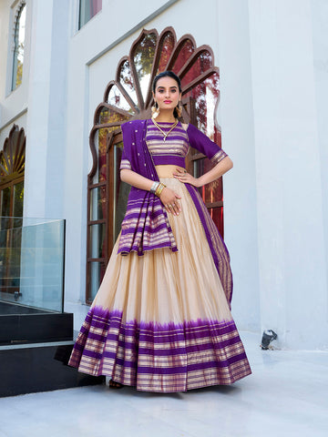 Cream Color Plain With Zari Weaving Work border Pure Chanderi Lehenga Choli