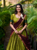Olive Green Color Zari Weaving Work Cotton South Indian Lehenga Choli - women's fashion mart